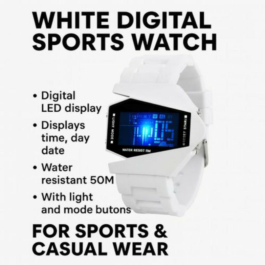 Futuristic Digital Wristwatch – White Strap, Water Resistant 50M, LED Display, Weekday Tracker - Watch for Men / Ladies