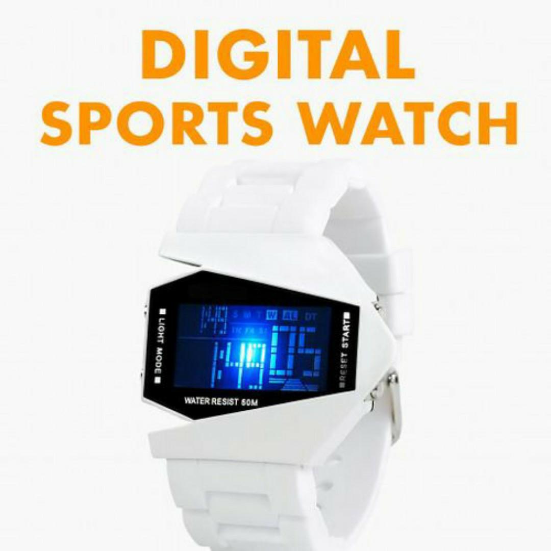 Futuristic Digital Wristwatch – White Strap, Water Resistant 50M, LED Display, Weekday Tracker - Watch for Men / Ladies