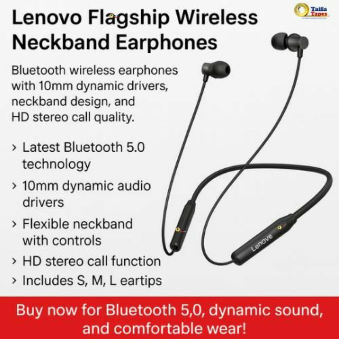Lenovo Flagship Wireless Neckband Earphones – BT 5.0, HD Stereo Calls, Noise Cancellation Earbuds, Android/iOS Compatible