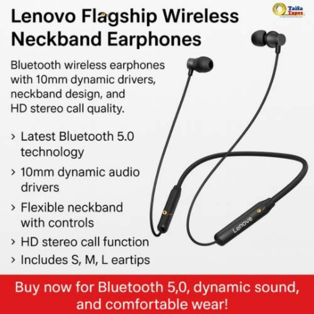 Lenovo Flagship Wireless Neckband Earphones – BT 5.0, HD Stereo Calls, Noise Cancellation Earbuds, Android/iOS Compatible