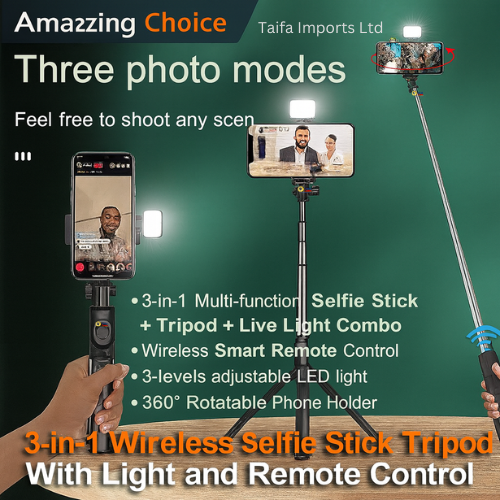 ADJUSTABLE PHONE CAMERA TRIPOD STAND + Wireless Bluetooth Remote for Selfie Blogging YouTube video recording, podcast & blogging -3-in-1 Selfie Stick Tripod Stand - 360° Rotating Holder - LED Light
