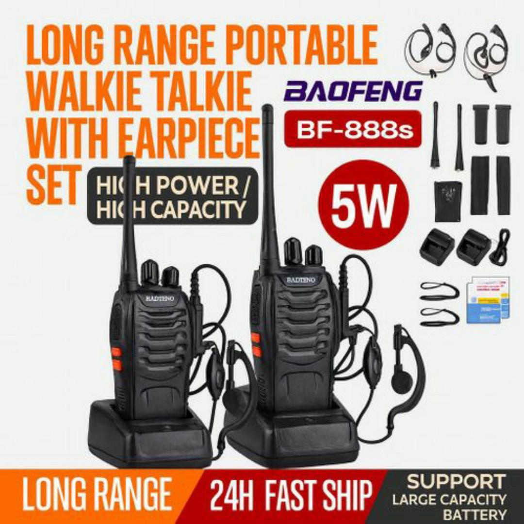 Baofeng 2-Pack Long-Range 5KM Walkie Talkies with Earpieces & Charging Docks – BF 888s & Retevis - 2 Channel Kit for Security, Events, Outdoor Use