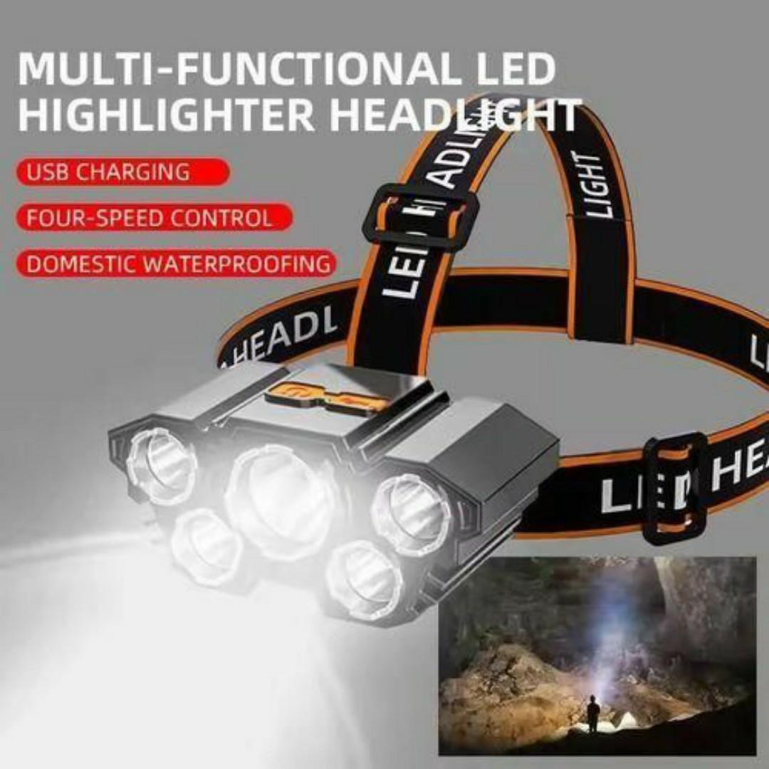 USB rechargeable Flashlight with 5 Head Lights - Outdoor, Bike, Camping Headlight headlamp - Head Mounted Light for night travel / Cycling