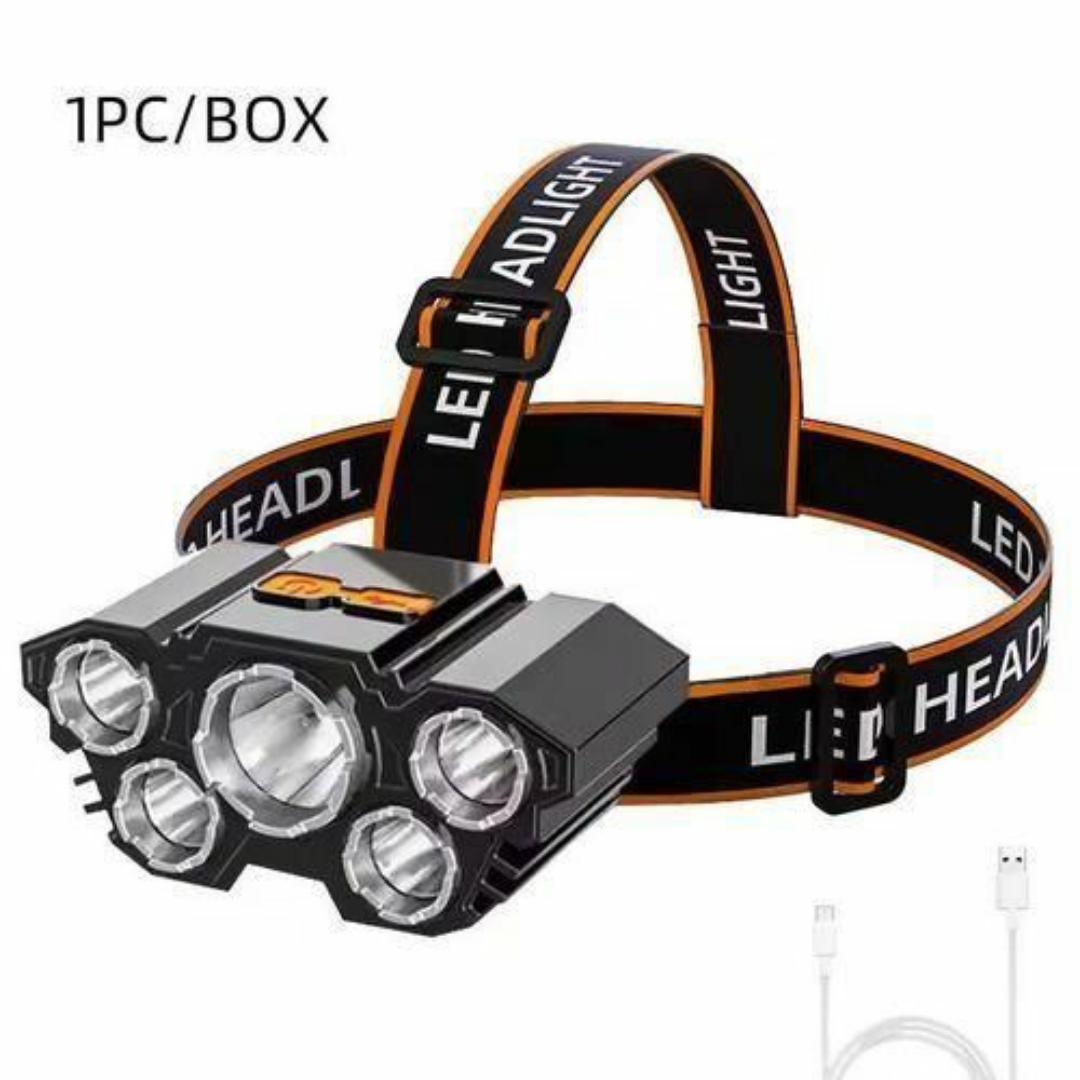 USB rechargeable Flashlight with 5 Head Lights - Outdoor, Bike, Camping Headlight headlamp - Head Mounted Light for night travel / Cycling
