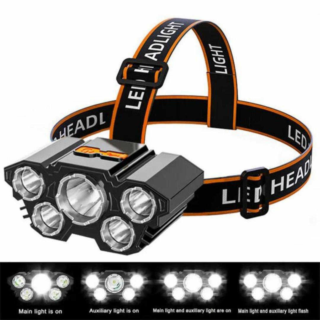 USB rechargeable Flashlight with 5 Head Lights - Outdoor, Bike, Camping Headlight headlamp - Head Mounted Light for night travel / Cycling