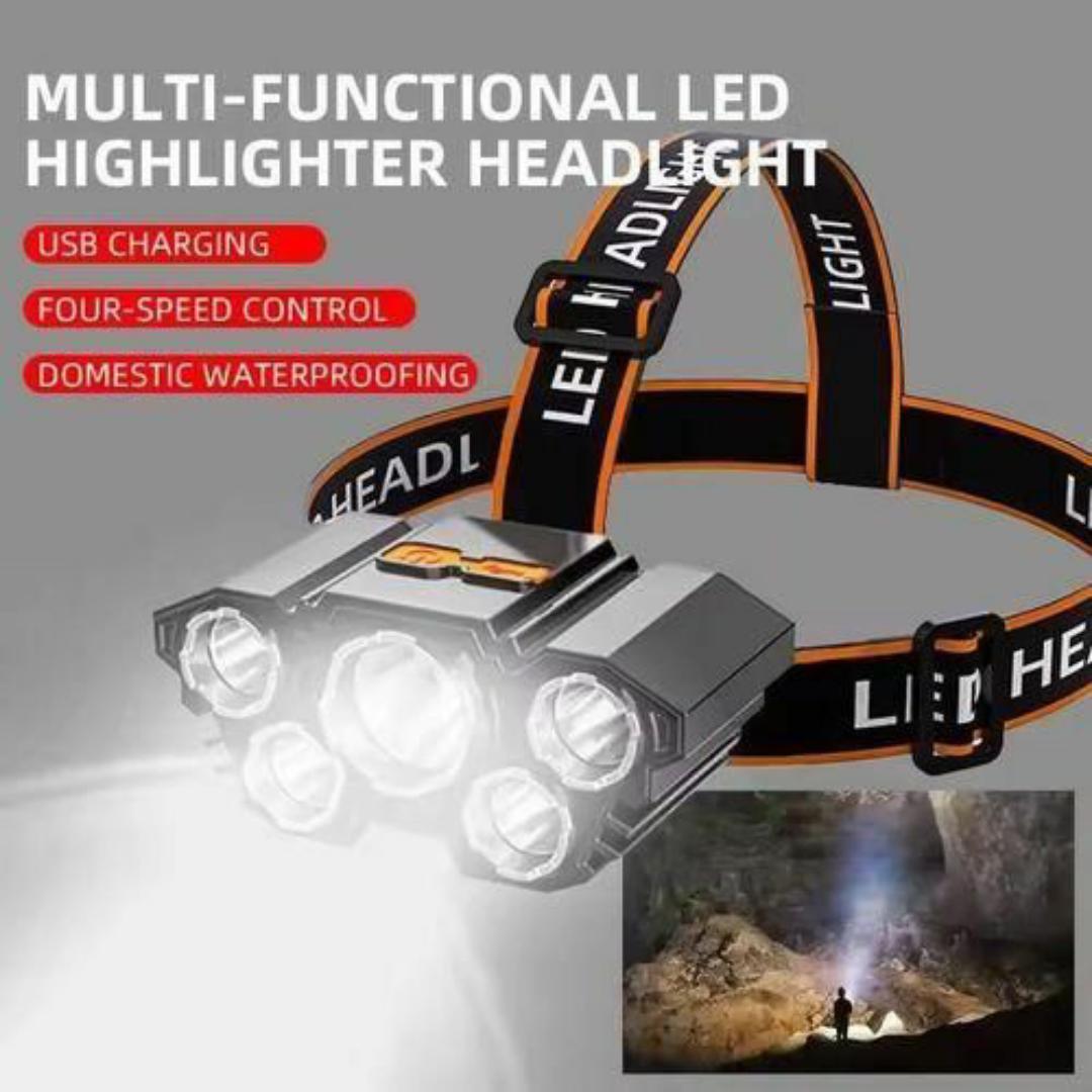USB rechargeable Flashlight with 5 Head Lights - Outdoor, Bike, Camping Headlight headlamp - Head Mounted Light for night travel / Cycling