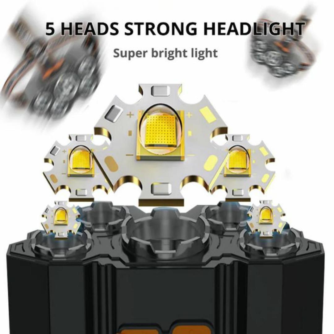USB rechargeable Flashlight with 5 Head Lights - Outdoor, Bike, Camping Headlight headlamp - Head Mounted Light for night travel / Cycling