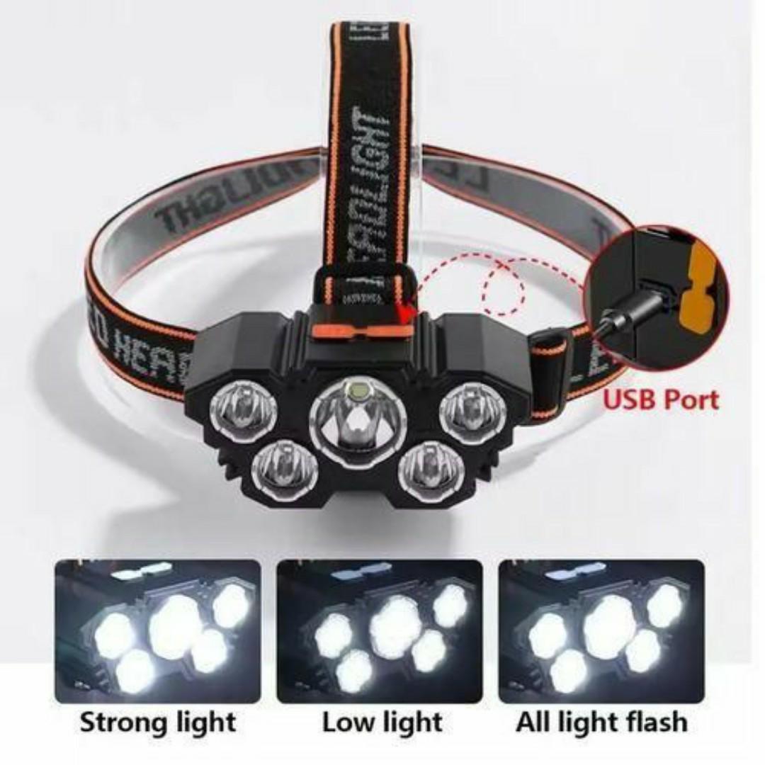 USB rechargeable Flashlight with 5 Head Lights - Outdoor, Bike, Camping Headlight headlamp - Head Mounted Light for night travel / Cycling