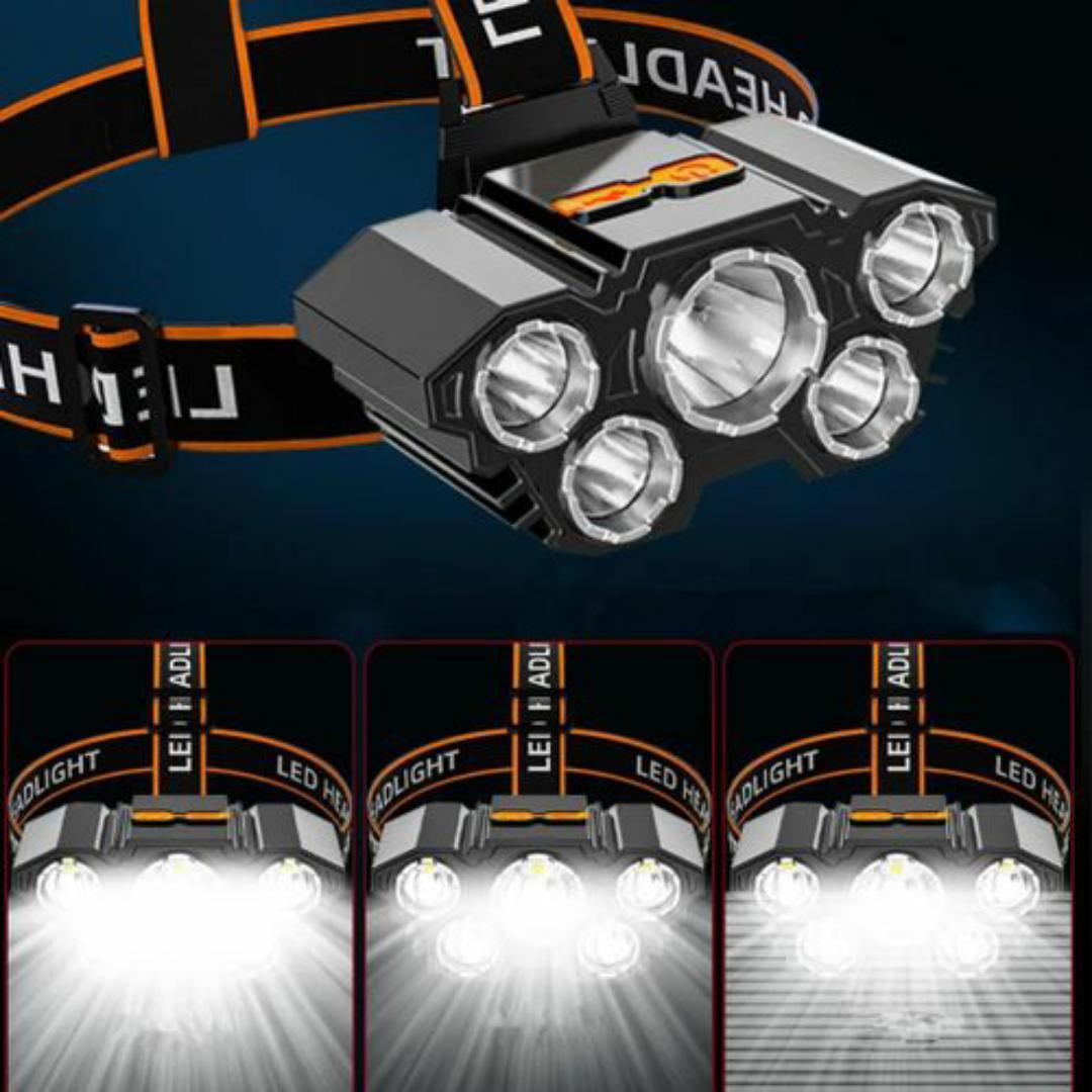 USB rechargeable Flashlight with 5 Head Lights - Outdoor, Bike, Camping Headlight headlamp - Head Mounted Light for night travel / Cycling