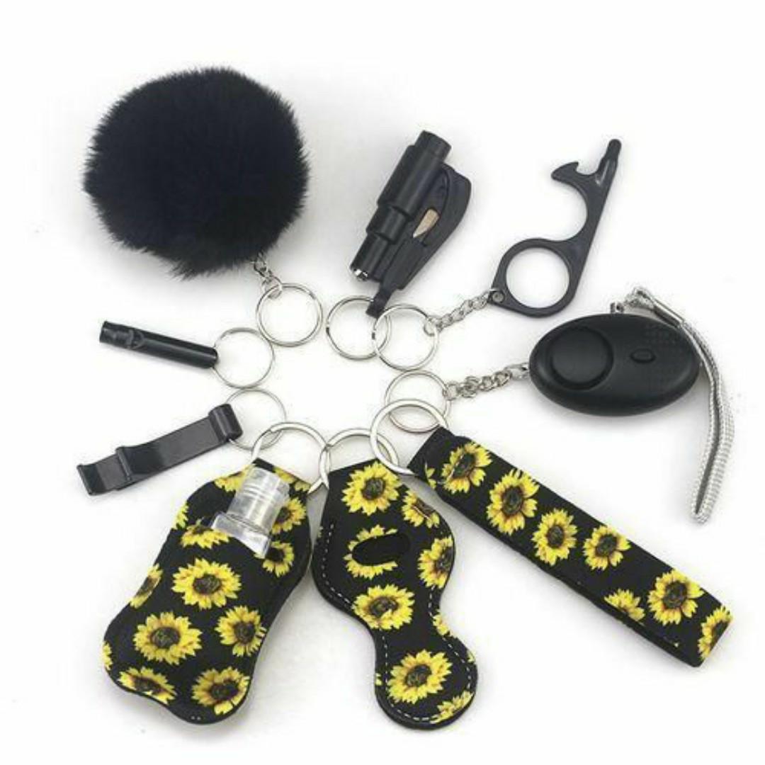 9-in-1 Self-Defense Safety Keychain Set – Keyring Knife, Spray, Alarm, Kubotan, Pom-Pom, Sanitizer Holder & More