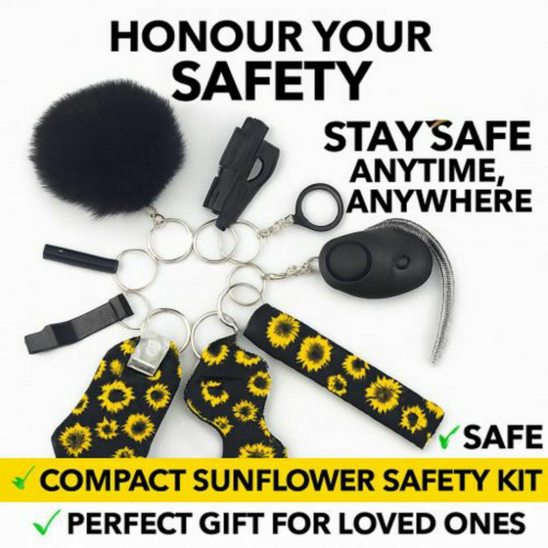 9-in-1 Self-Defense Safety Keychain Set – Keyring Knife, Spray, Alarm, Kubotan, Pom-Pom, Sanitizer Holder & More