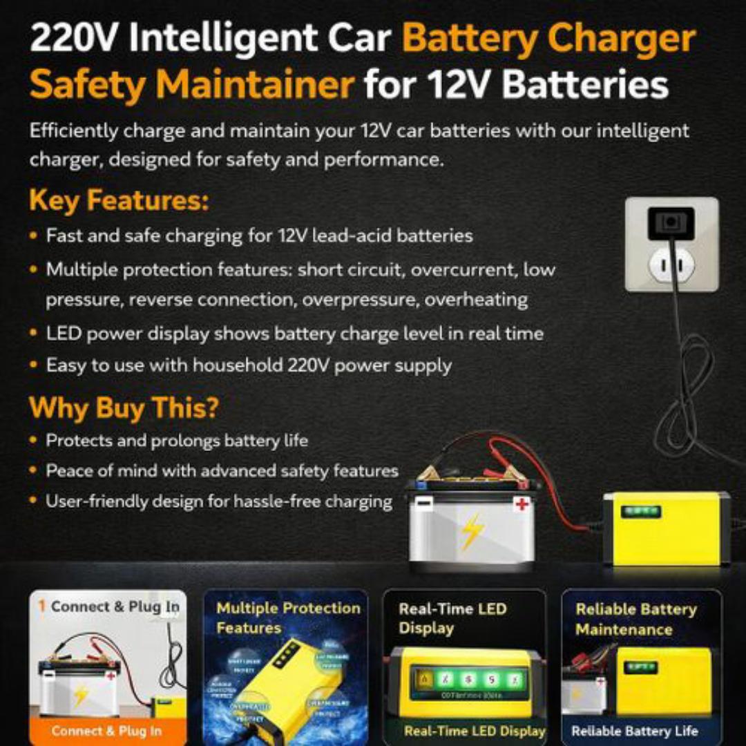 12V Smart Repair Car Battery Charger – Fast Charging, Auto Stop, Winter/Summer Modes - For Cars, Motorcycle & Minivan