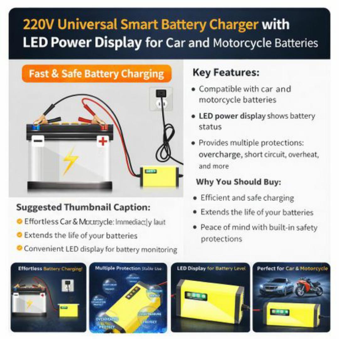 12V Smart Repair Car Battery Charger – Fast Charging, Auto Stop, Winter/Summer Modes - For Cars, Motorcycle & Minivan