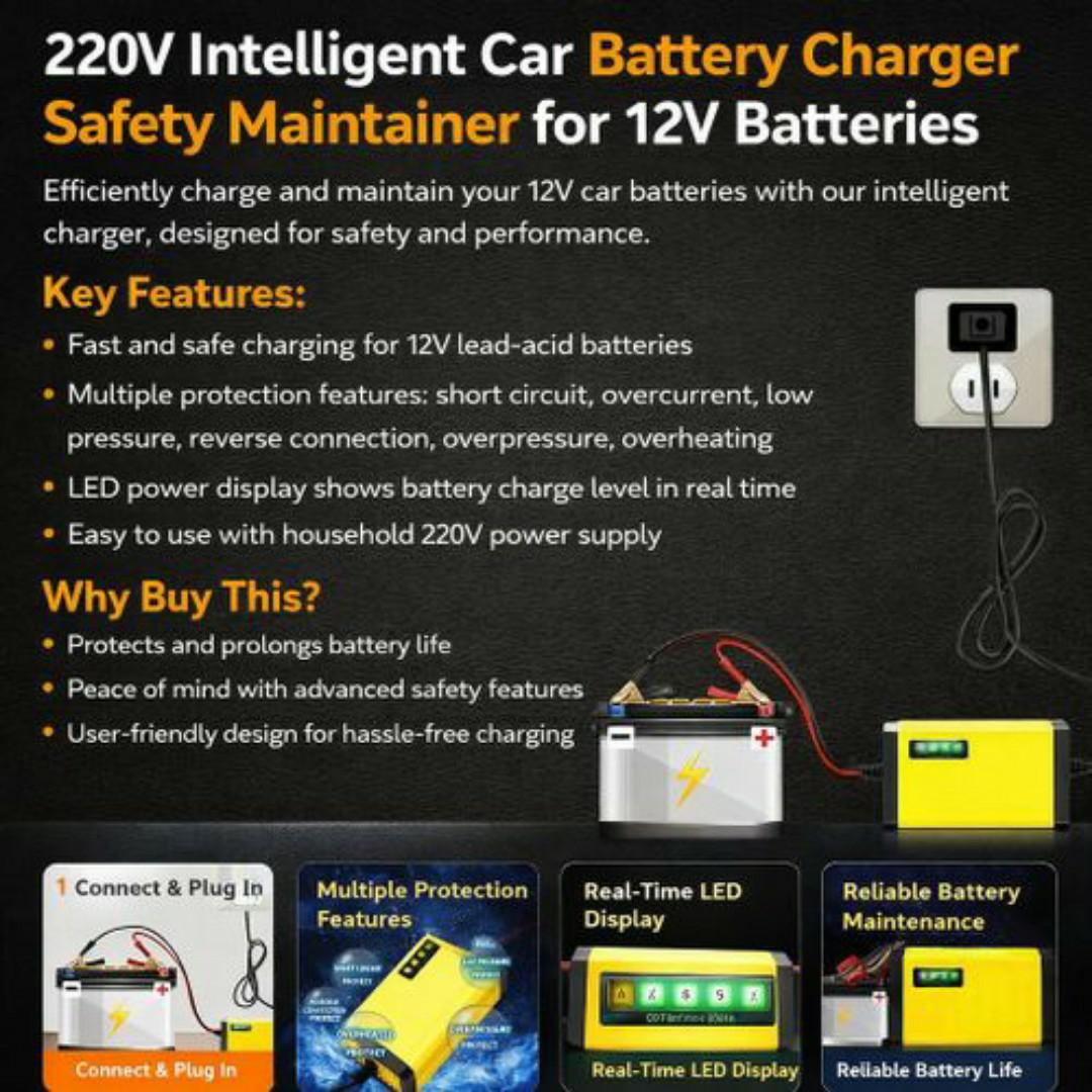 12V Smart Car / Motorcycle Battery Charger with LED Power Display – Multiple Protection, Fast & Safe Charging