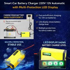 12V Smart Car / Motorcycle Battery Charger with LED Power Display – Multiple Protection, Fast & Safe Charging