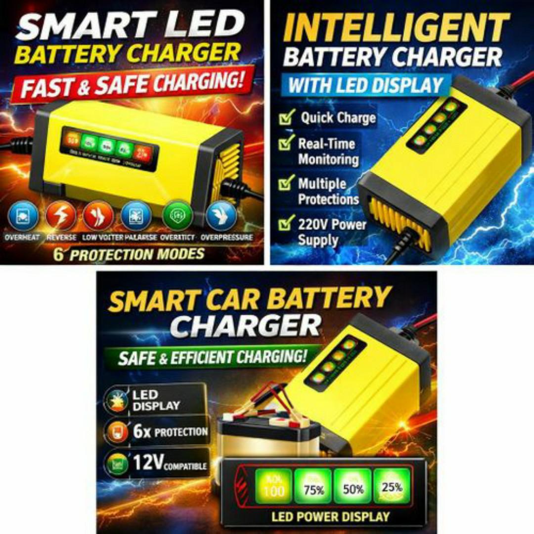 Smart Car Battery Charger with LED Power Display – Multiple Protection, Fast & Safe Charging - 12V Fast Charging Car / Motorcycle Batteries Charge