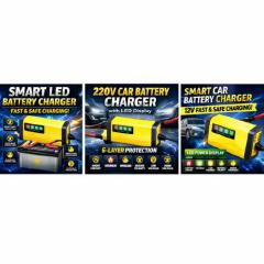 Smart Car Battery Charger with LED Power Display – Multiple Protection, Fast & Safe Charging - 12V Fast Charging Car / Motorcycle Batteries Charge