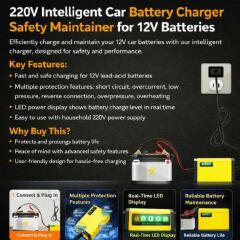 Smart Car Battery Charger with LED Power Display – Multiple Protection, Fast & Safe Charging - 12V Fast Charging Car / Motorcycle Batteries Charge