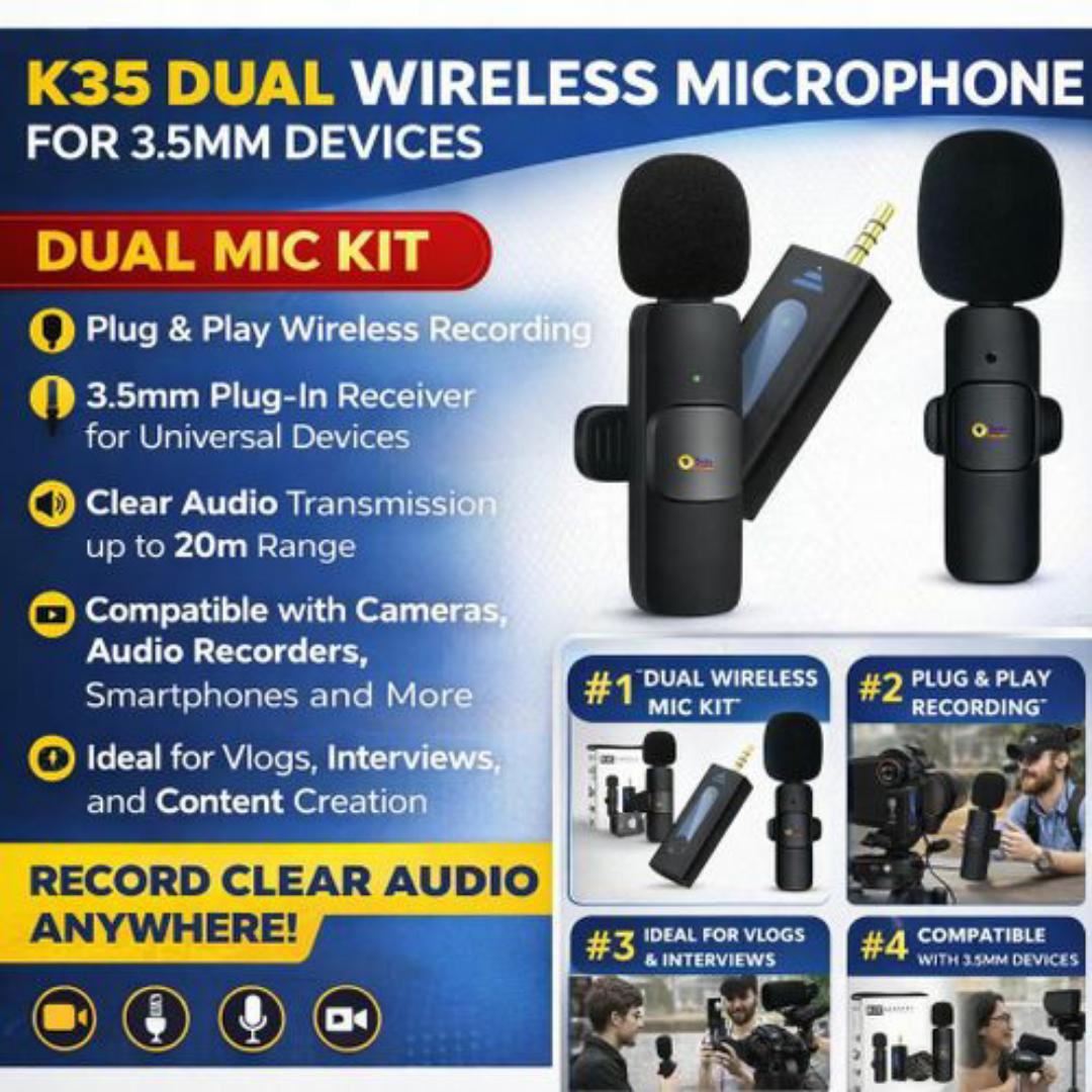 2-in-1 Wireless Lavalier Microphone Dual Mic with 3.5mm Adapter Receiver – Clear Audio for Vlogging, Podcast & YouTube – Compatible with Smartphones & Laptops