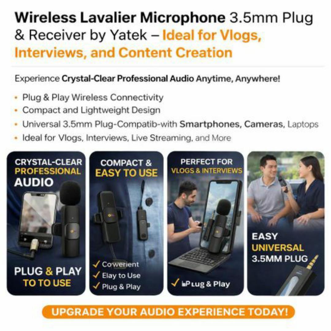 2-in-1 Wireless Lavalier Microphone Dual Mic with 3.5mm Adapter Receiver – Clear Audio for Vlogging, Podcast & YouTube – Compatible with Smartphones & Laptops