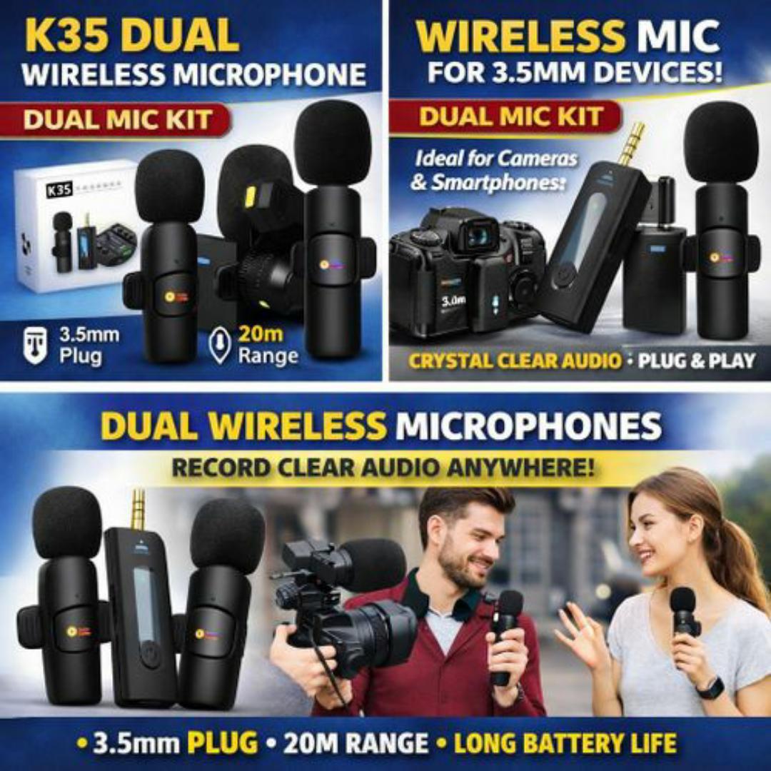 2-in-1 Wireless Lavalier Microphone Dual Mic with 3.5mm Adapter Receiver – Clear Audio for Vlogging, Podcast & YouTube – Compatible with Smartphones & Laptops