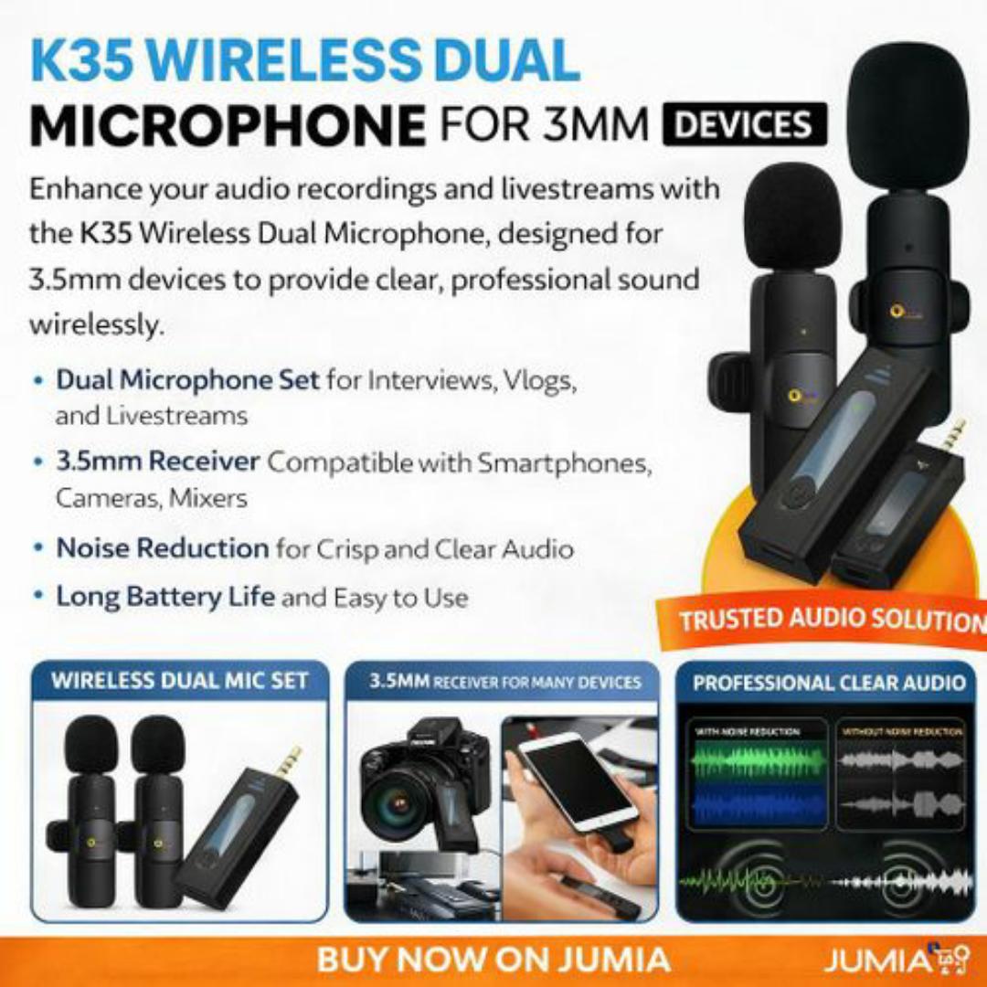 2-in-1 Wireless Lavalier Microphone Dual Mic with 3.5mm Adapter Receiver – Clear Audio for Vlogging, Podcast & YouTube – Compatible with Smartphones & Laptops