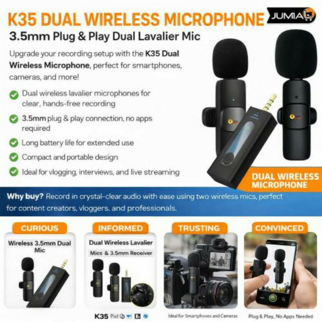 2-in-1 Wireless Lavalier Microphone Dual Mic with 3.5mm Adapter Receiver – Clear Audio for Vlogging, Podcast & YouTube – Compatible with Smartphones & Laptops