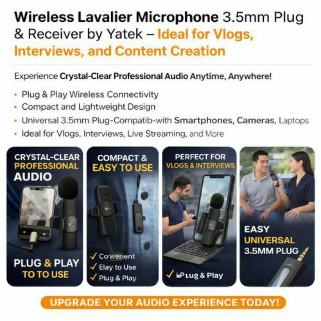 2-in-1 Wireless Lavalier Microphone Dual Mic with 3.5mm Adapter Receiver – Clear Audio for Vlogging, Podcast & YouTube – Compatible with Smartphones & Laptops