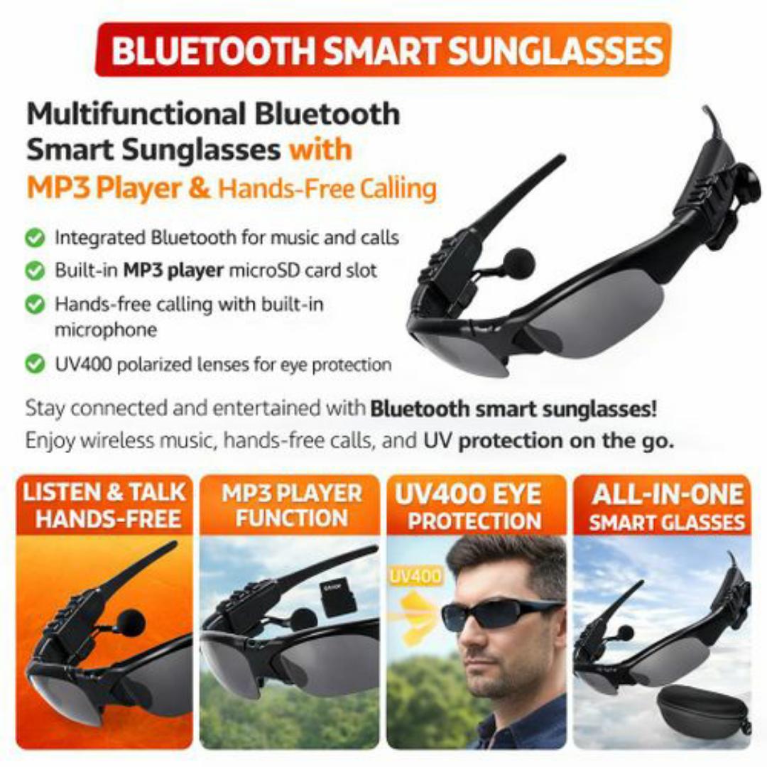 Smart Wireless Sports UV Sunglasses with Bluetooth Headset with Built-in Microphone & Black Carry Case
– Listen, Talk & Protect Your Eyes
