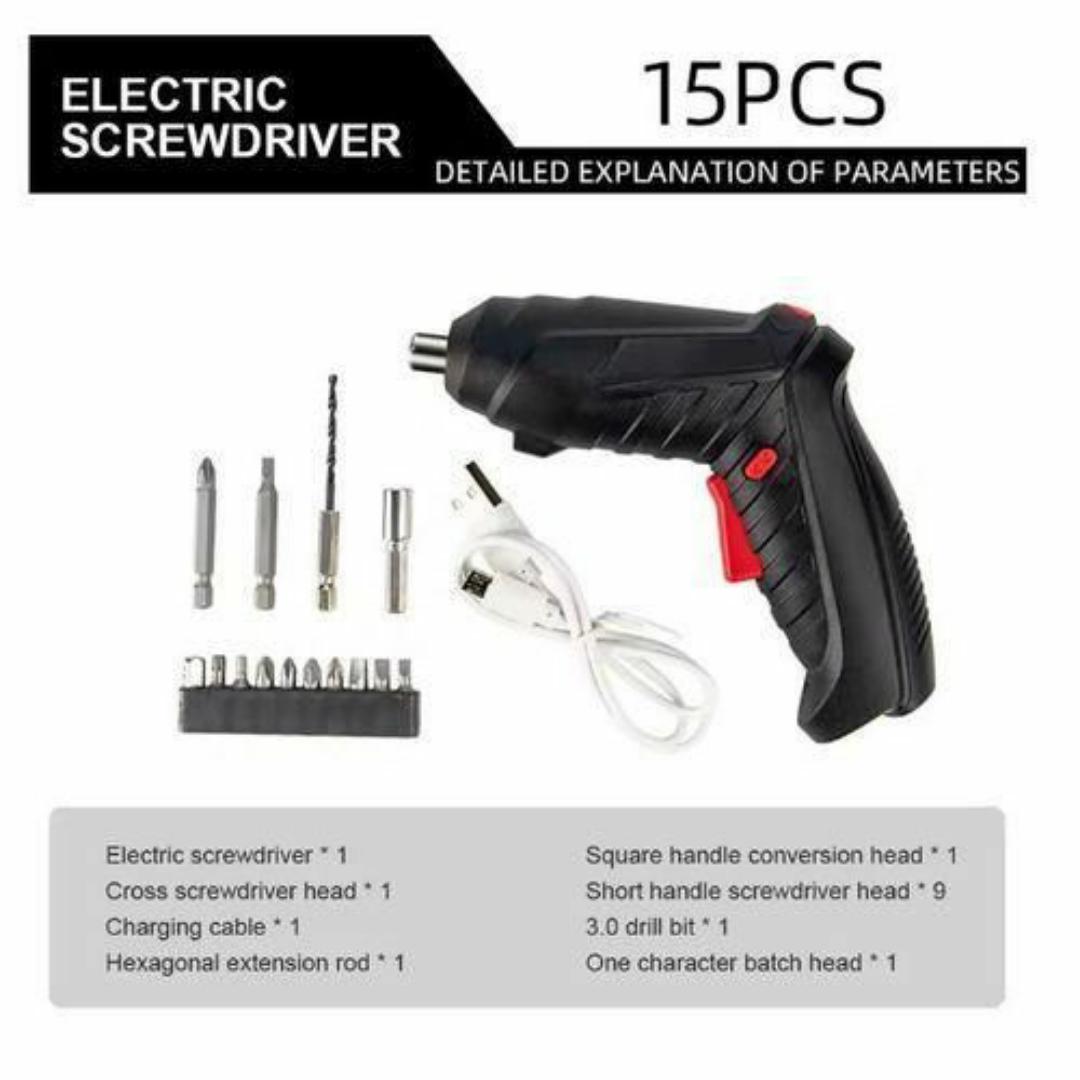 Rechargeable Electric Screwdriver Cordless Drill – 15PCS Multi Purpose Tool Kit with Bits & USB Cable