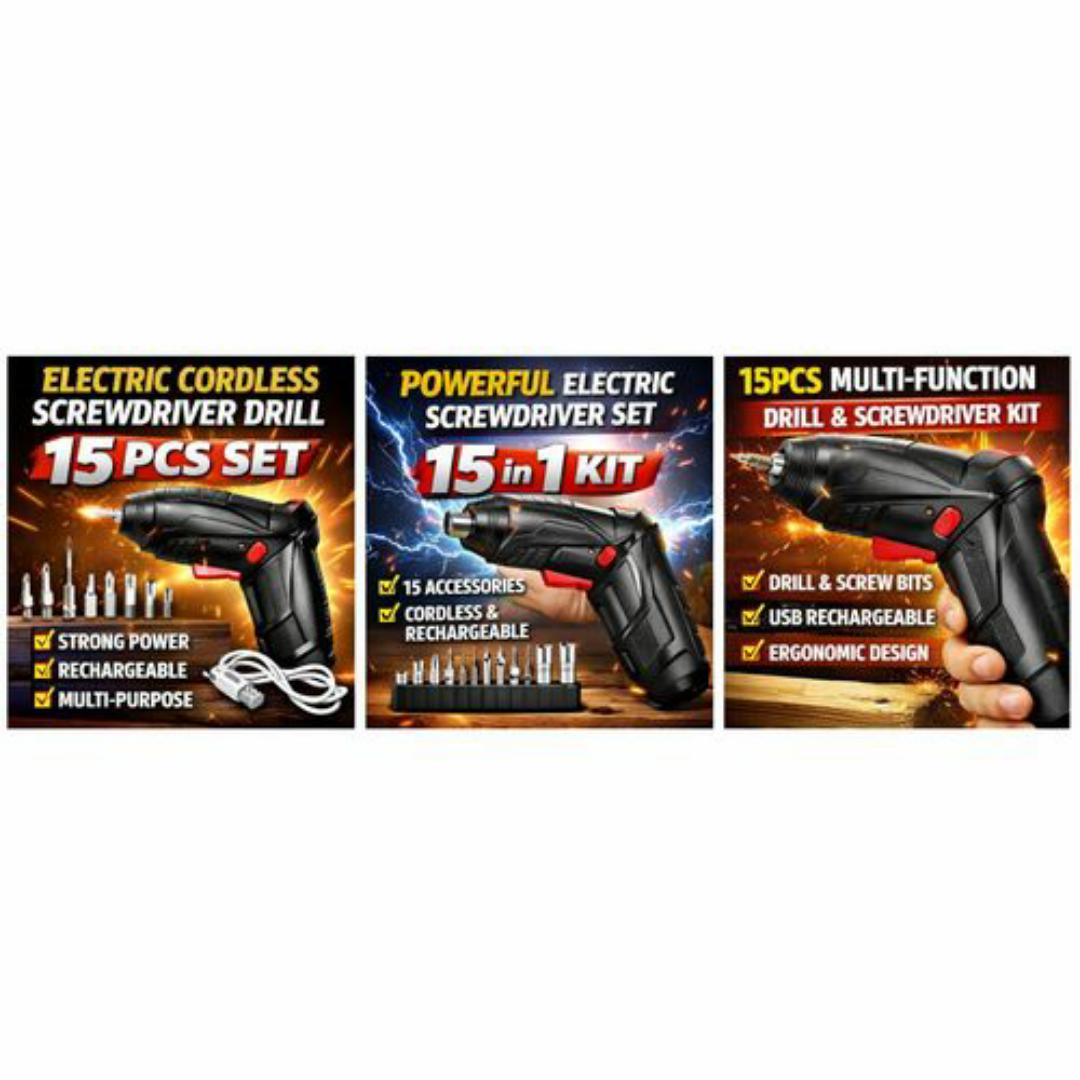 Rechargeable Electric Screwdriver Cordless Drill – 15PCS Multi Purpose Tool Kit with Bits & USB Cable