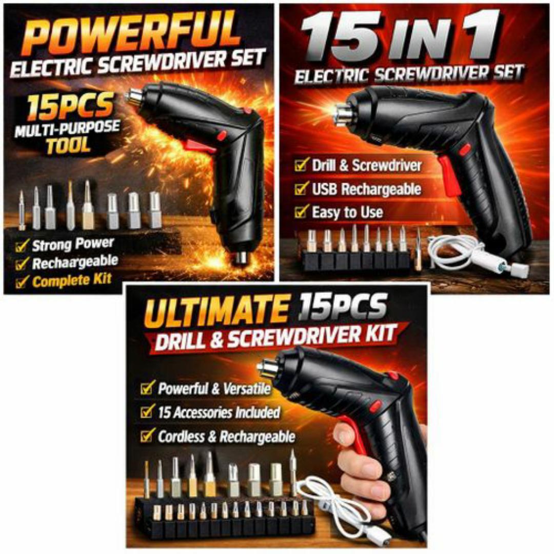 Rechargeable Electric Screwdriver Cordless Drill – 15PCS Multi Purpose Tool Kit with Bits & USB Cable