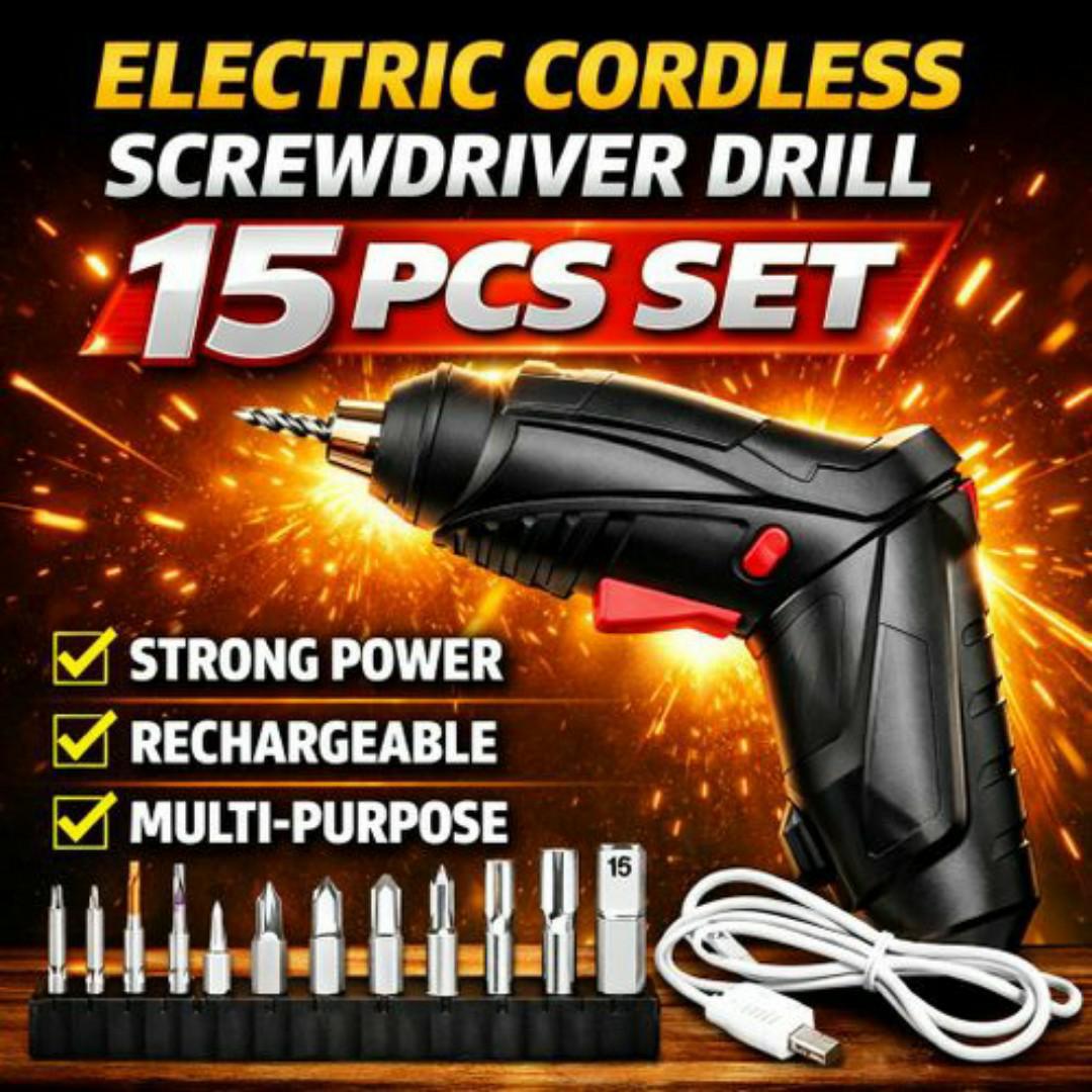 Rechargeable Cordless Electric Screwdriver Drill – 15PCS Multi Purpose Tool Kit with Bits & USB Cable