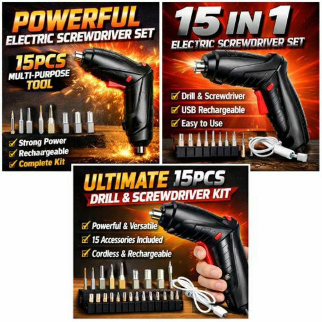 Rechargeable Cordless Electric Screwdriver Drill – 15PCS Multi Purpose Tool Kit with Bits & USB Cable