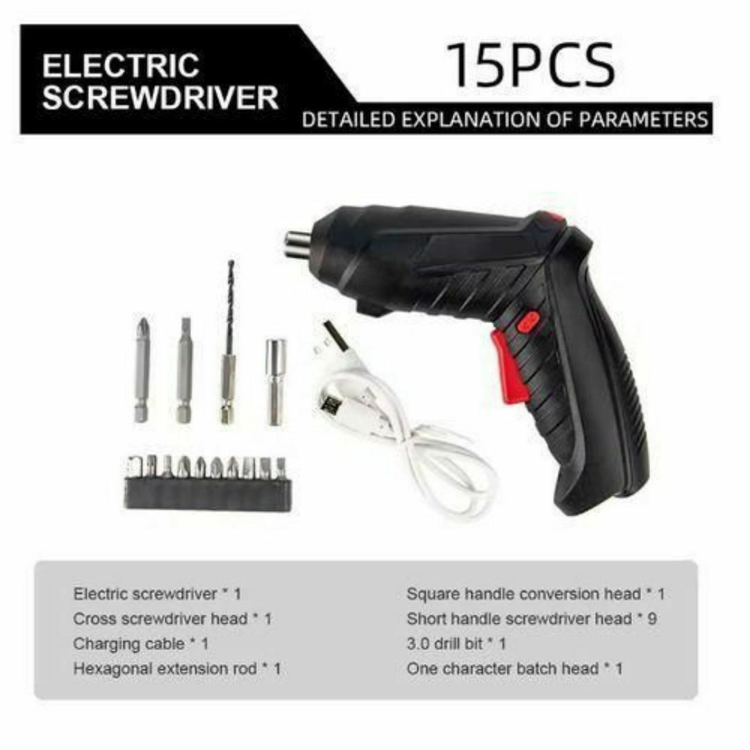 Rechargeable Cordless Electric Screwdriver Drill – 15PCS Multi Purpose Tool Kit with Bits & USB Cable