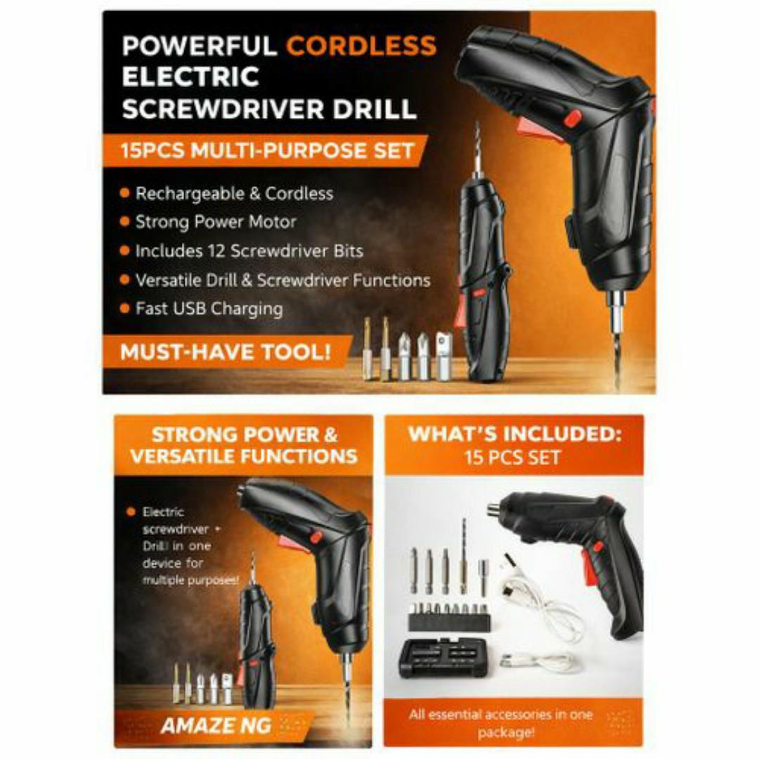 Rechargeable Cordless Electric Screwdriver Drill – 15PCS Multi Purpose Tool Kit with Bits & USB Cable