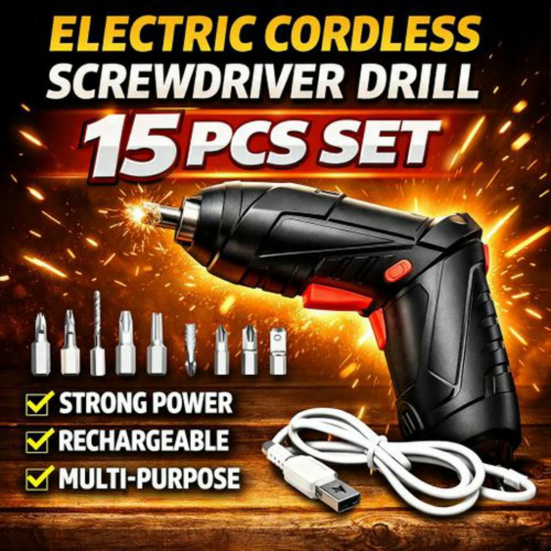 Rechargeable Cordless Electric Screwdriver Drill – 15PCS Multi Purpose Tool Kit with Bits & USB Cable