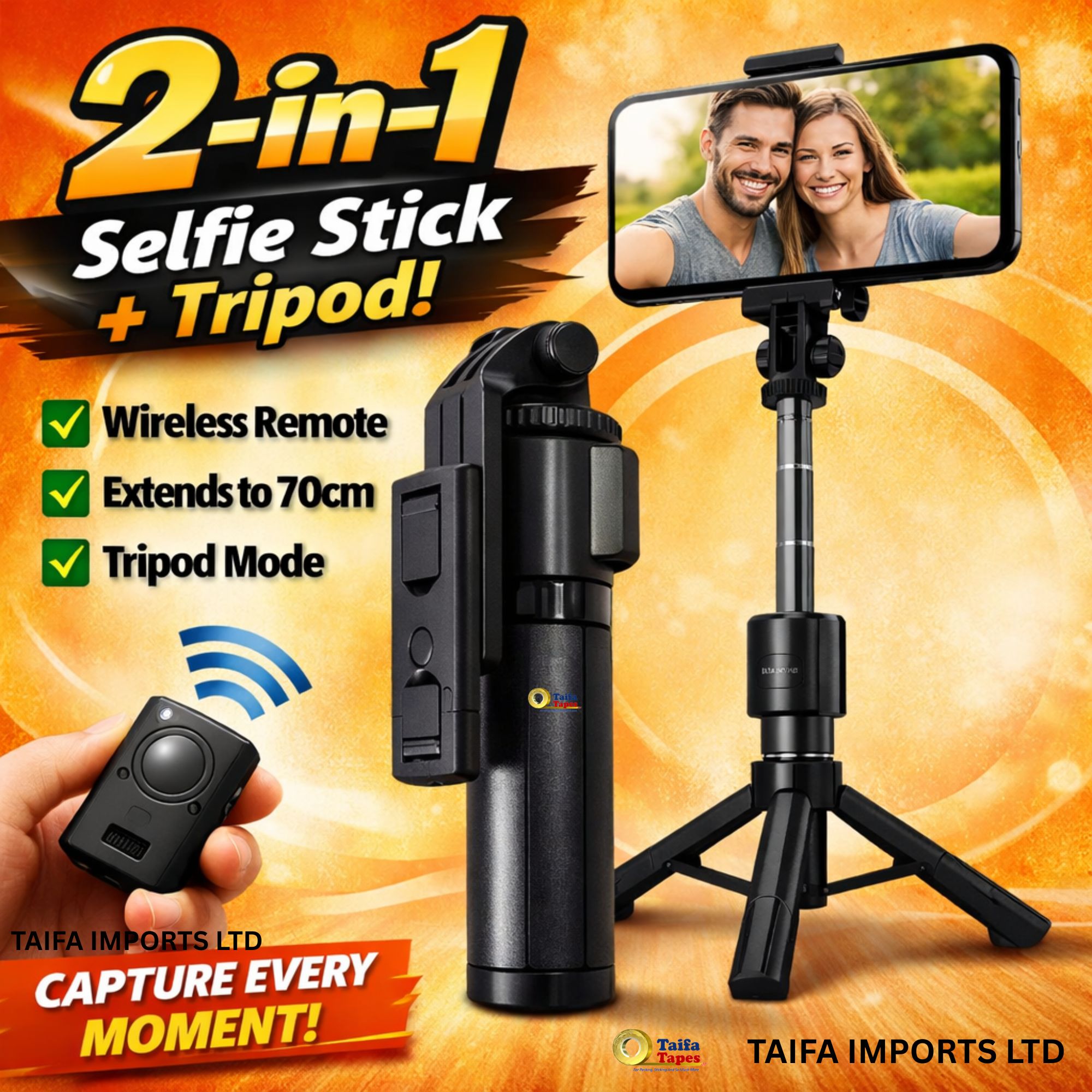 ADJUSTABLE PHONE CAMERA TRIPOD STAND + Wireless Bluetooth Remote for Selfie Blogging YouTube video recording, podcast & blogging 2-in-1 Selfie Stick Tripod Stand - 360° Rotating Phone Holder