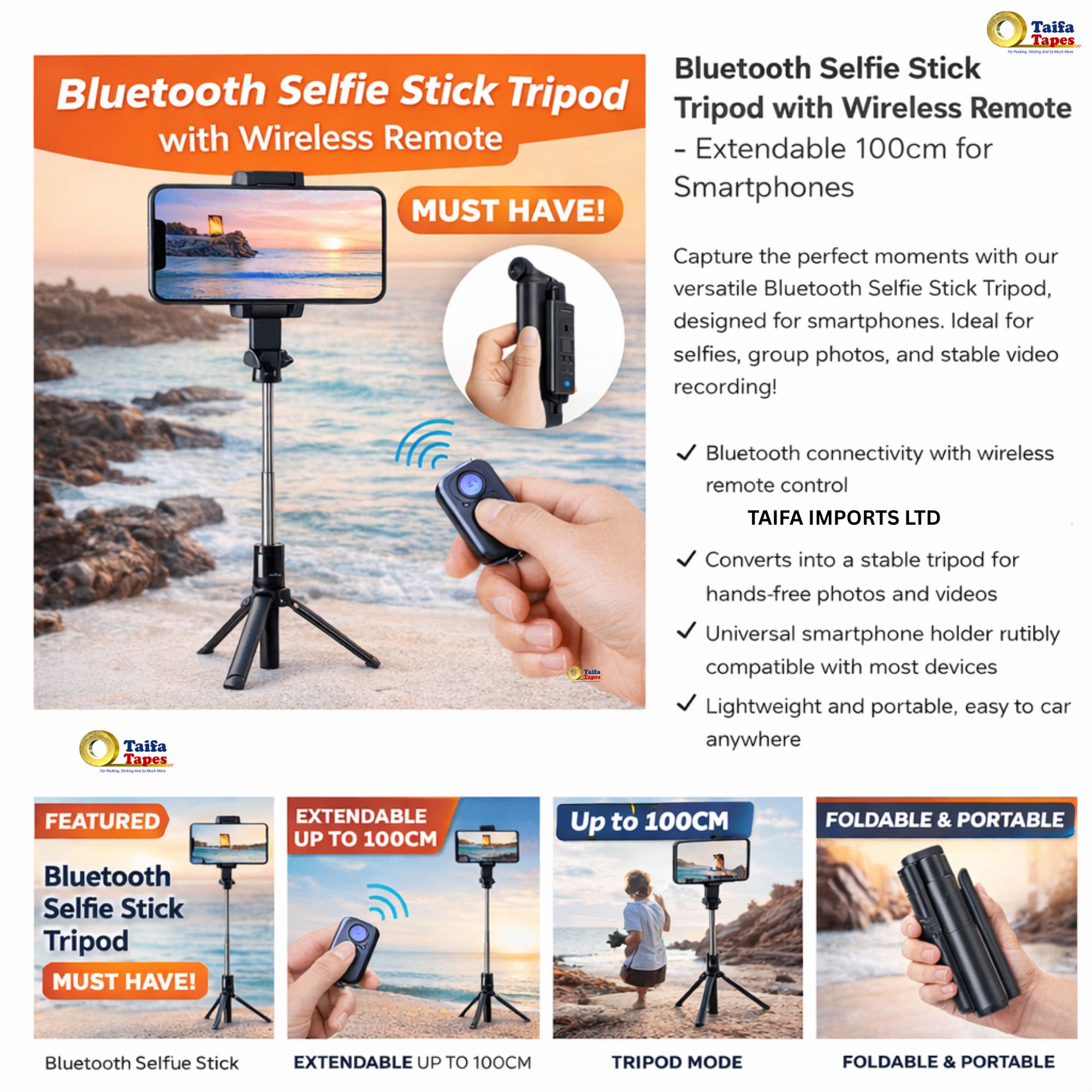 ADJUSTABLE PHONE CAMERA TRIPOD STAND + Wireless Bluetooth Remote for Selfie Blogging YouTube video recording, podcast & blogging 2-in-1 Selfie Stick Tripod Stand - 360° Rotating Phone Holder