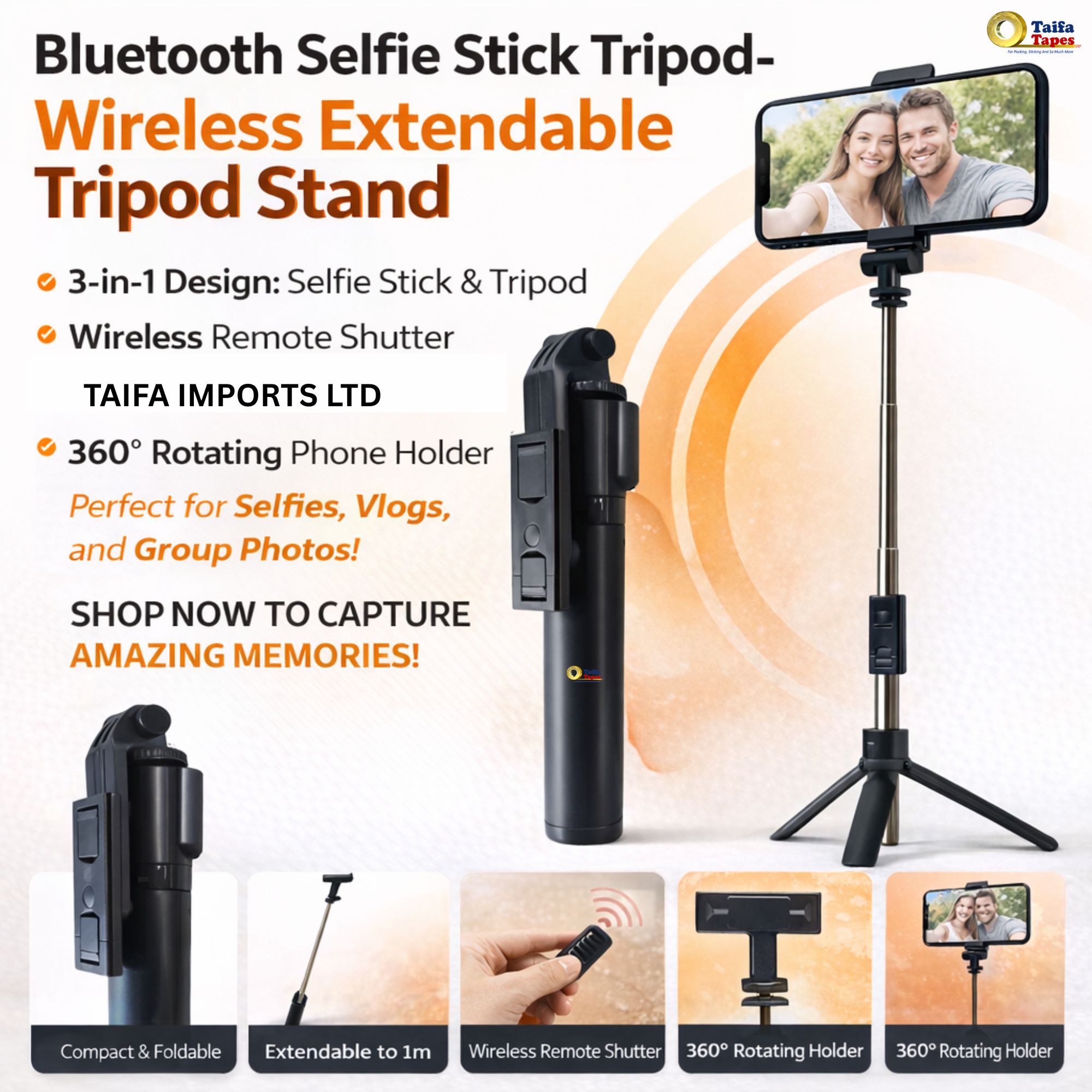 ADJUSTABLE PHONE CAMERA TRIPOD STAND + Wireless Bluetooth Remote for Selfie Blogging YouTube video recording, podcast & blogging 2-in-1 Selfie Stick Tripod Stand - 360° Rotating Phone Holder