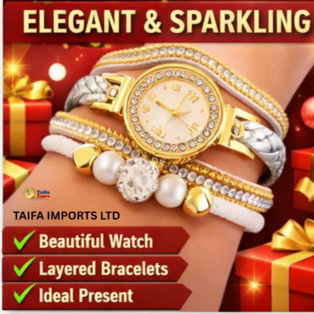Luxury Gold Multi-Layered Ladies Watch Set – Rhinestone Bezel, Pearls & Braided Bracelets