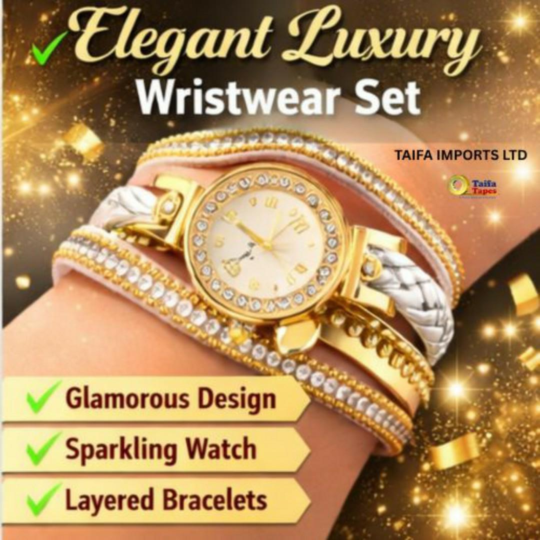 Luxury Gold Multi-Layered Ladies Watch Set – Rhinestone Bezel, Pearls & Braided Bracelets