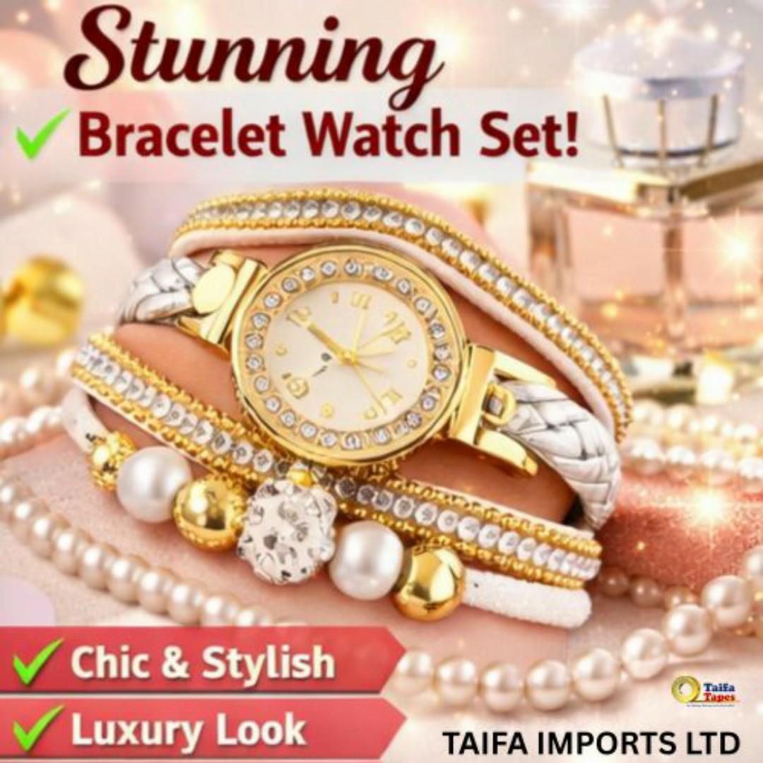 Luxury Gold Multi-Layered Ladies Watch Set – Rhinestone Bezel, Pearls & Braided Bracelets