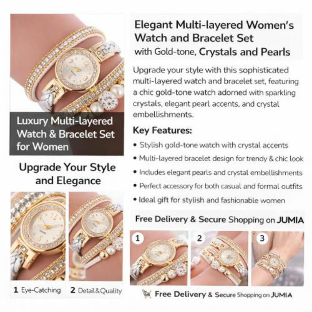 Luxury Gold Multi-Layered Ladies Watch Set – Rhinestone Bezel, Pearls & Braided Bracelets