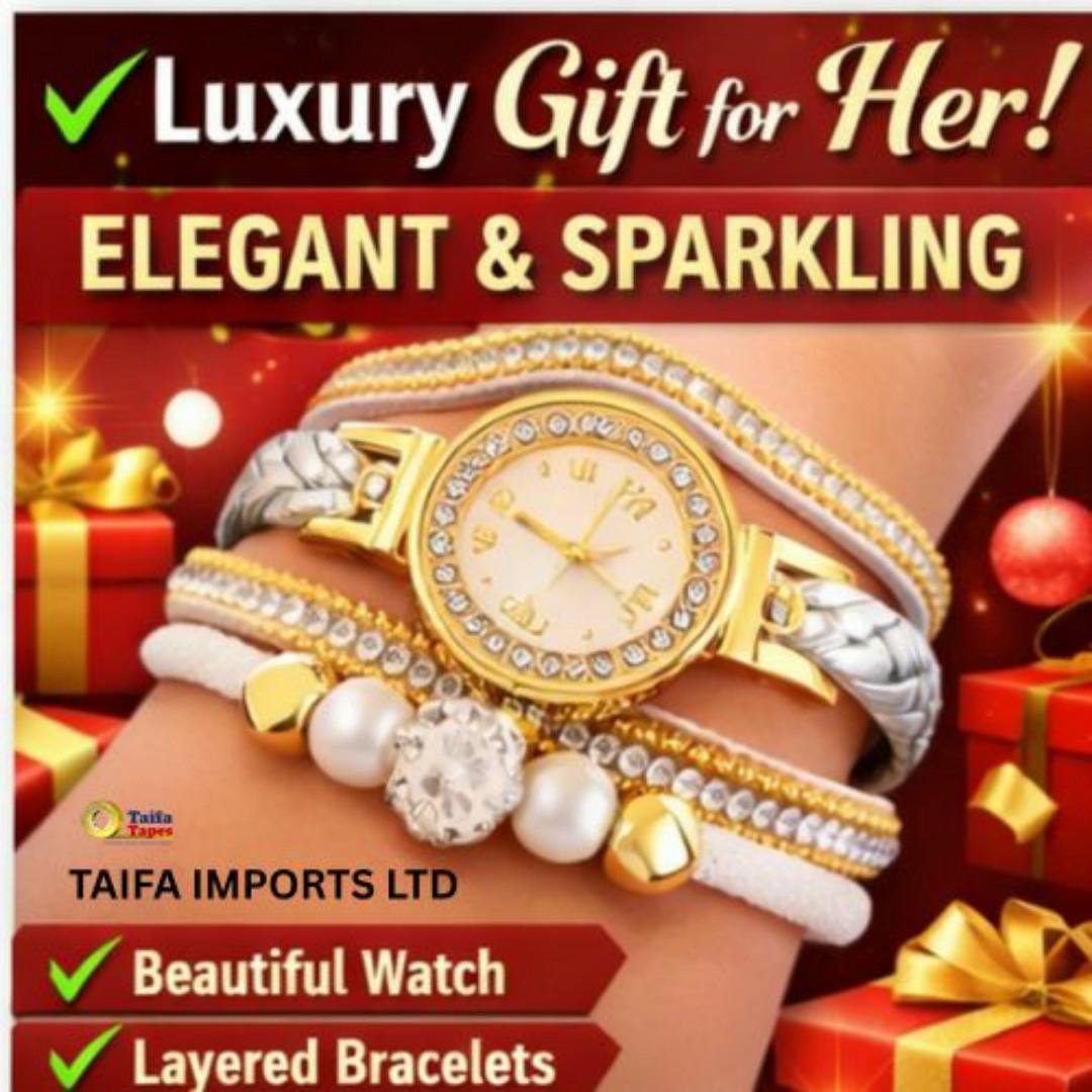 Luxury Gold Multi-Layered Ladies Watch Set – Rhinestone Bezel, Pearls & Braided Bracelets