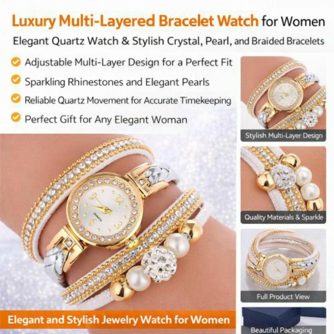 Luxury Gold Multi-Layered Ladies Watch Set – Rhinestone Bezel, Pearls & Braided Bracelets