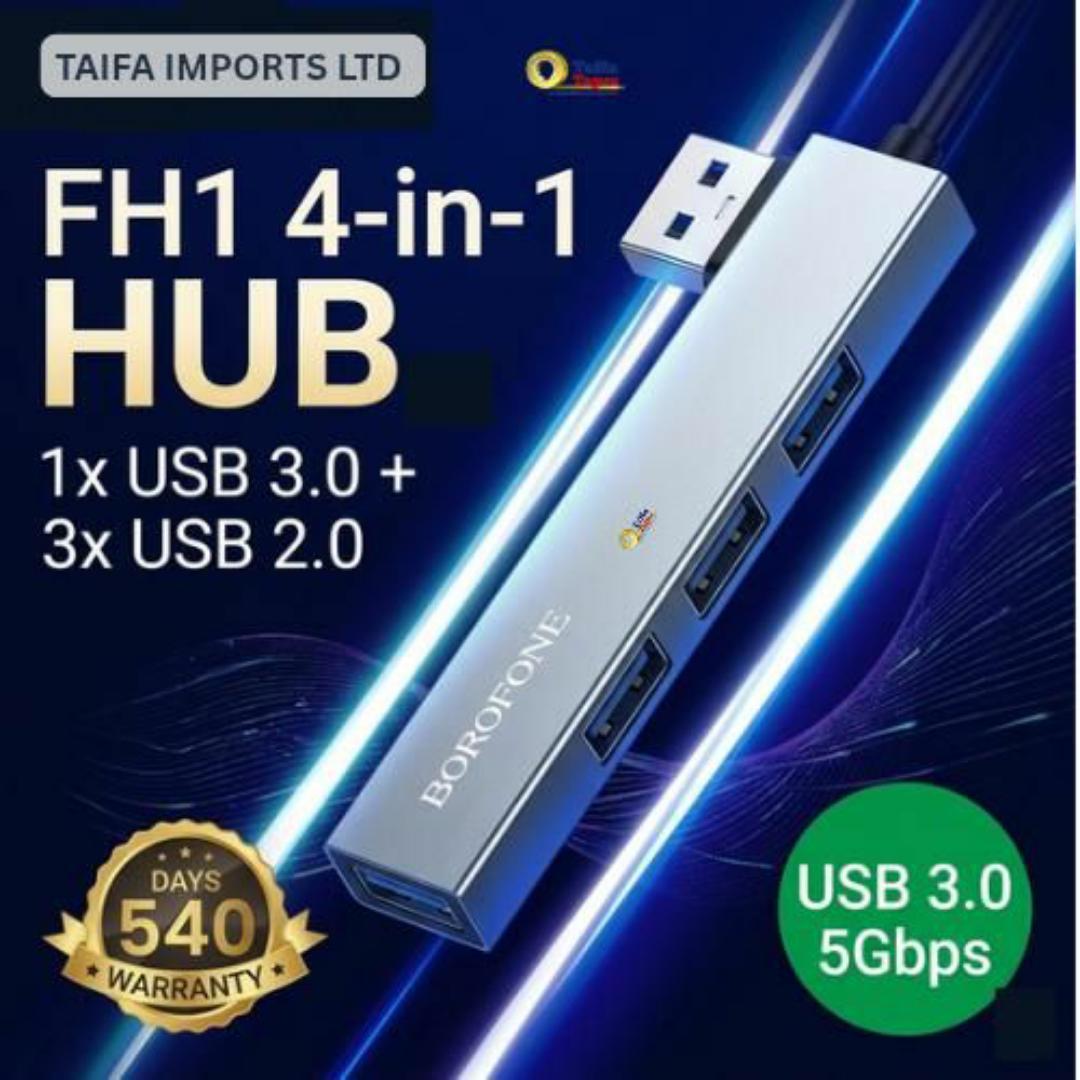 Borofone High-Speed USB Hub 4-in-1 Converter with USB 3.0 (5Gbps) + Triple USB 2.0 - Durable Alloy Build