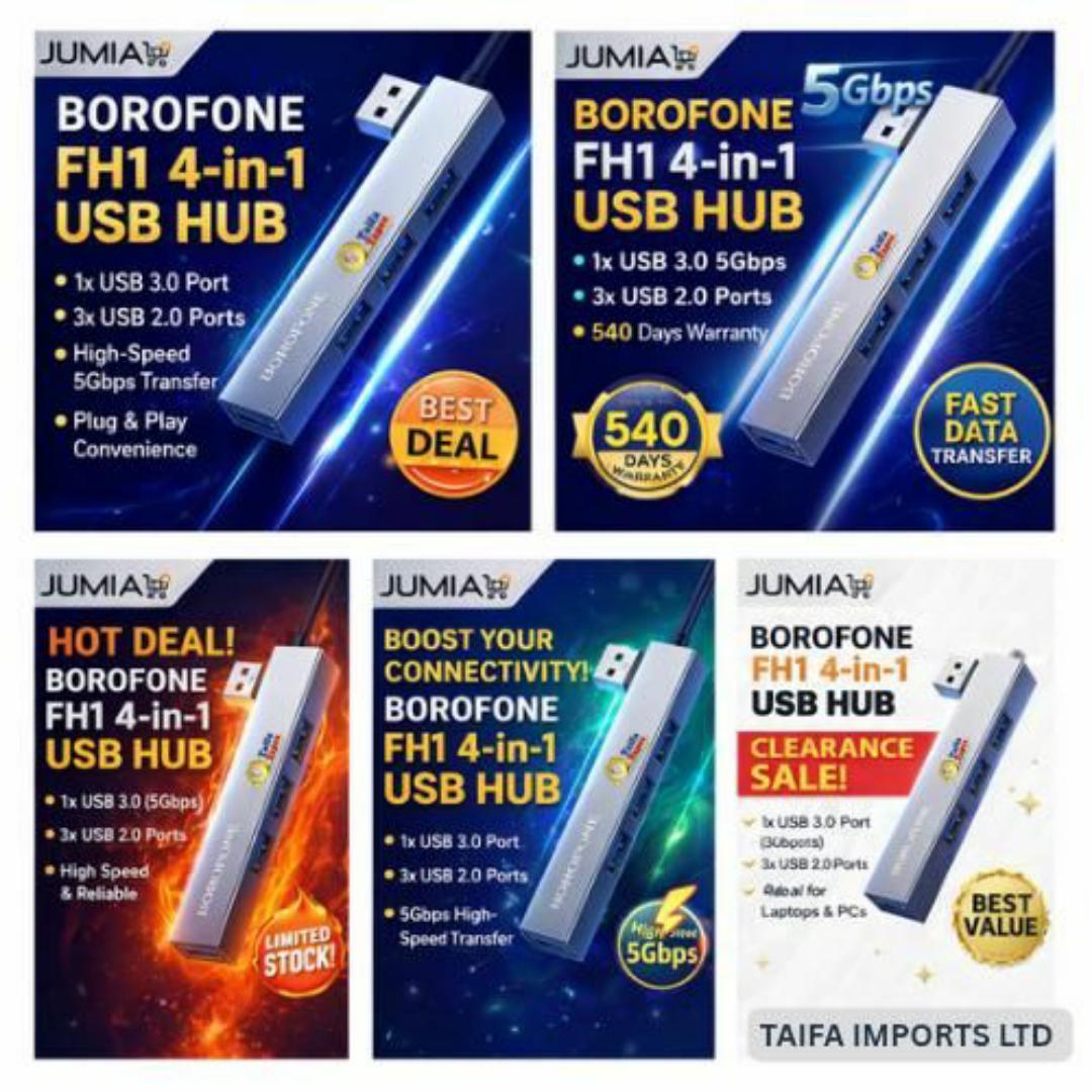 Borofone High-Speed USB Hub 4-in-1 Converter with USB 3.0 (5Gbps) + Triple USB 2.0 - Durable Alloy Build