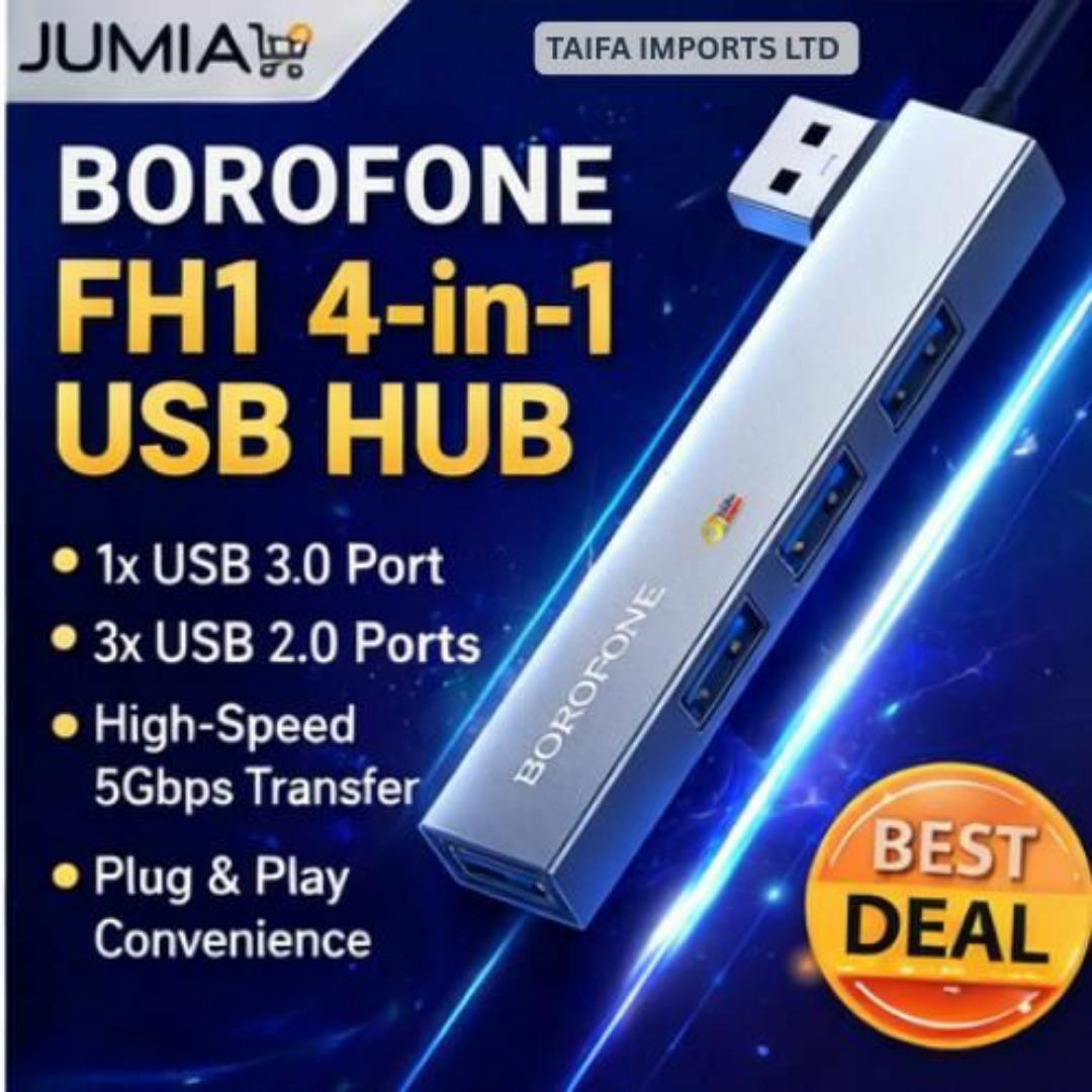 Borofone High-Speed USB Hub 4-in-1 Converter with USB 3.0 (5Gbps) + Triple USB 2.0 - Durable Alloy Build