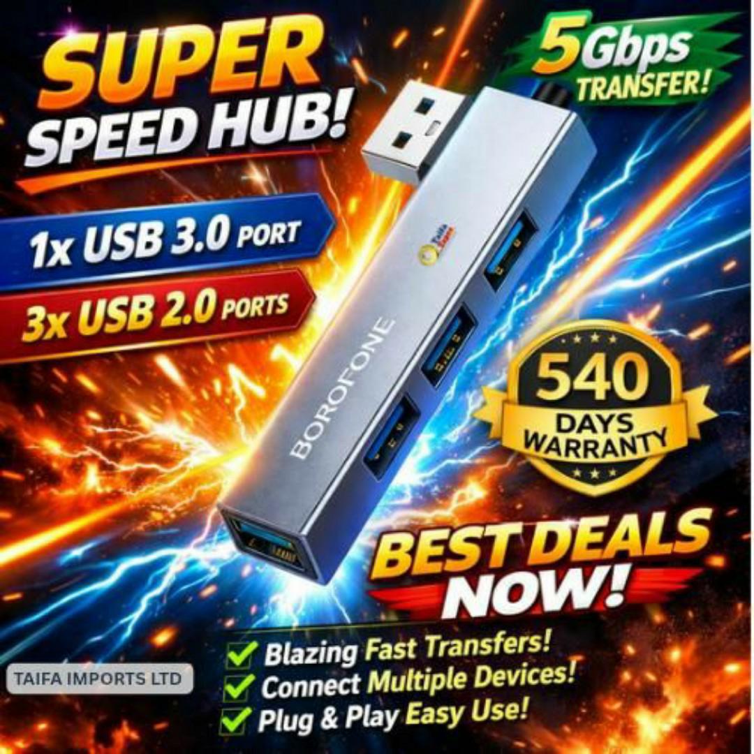 Borofone High-Speed USB Hub 4-in-1 Converter with USB 3.0 (5Gbps) + Triple USB 2.0 - Durable Alloy Build